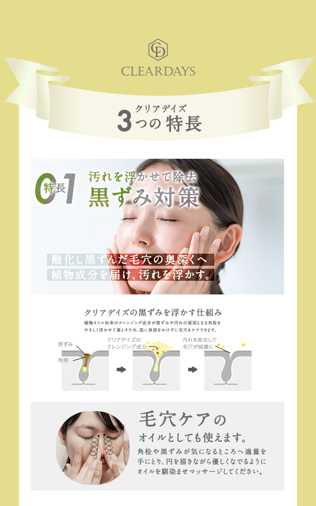 クリアデイズ3つの特長　01.汚れを浮かせて除去　黒ずみ対策