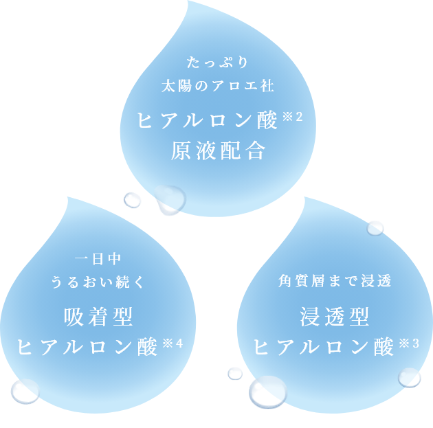 たっぷり太陽のアロエ社 ヒアルロン酸原液配合／角質層まで浸透 浸透型 ヒアルロン酸／一日中 うるおい続く 吸着型 ヒアルロン酸